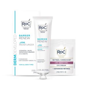 RoC Barrier Renew Night Moisturizer with Ceramides & Antioxidant Green Tea and Lipo Peptides to Renew Skin Barrier, (2.5 oz) with Retinol Eye Cream Packette