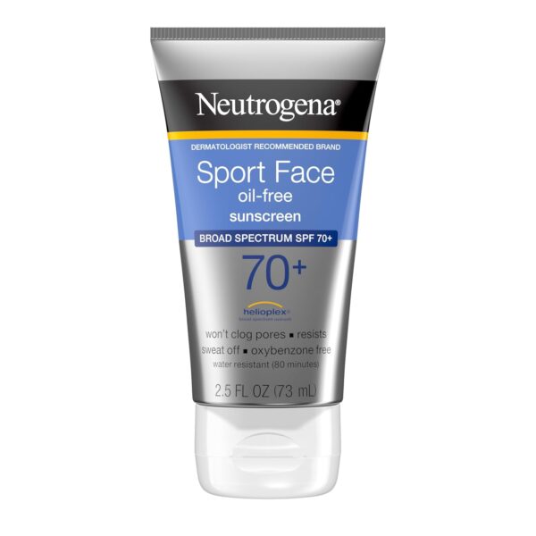 Neutrogena Sport Face Sunscreen SPF 70+, Oil-Free, 2.5 fl oz, Sweat & Water-Resistant, Broad-Spectrum UVA/UVB, Nourish & Restore Skin Balance, Oxybenzone Free Sunscreen For Face