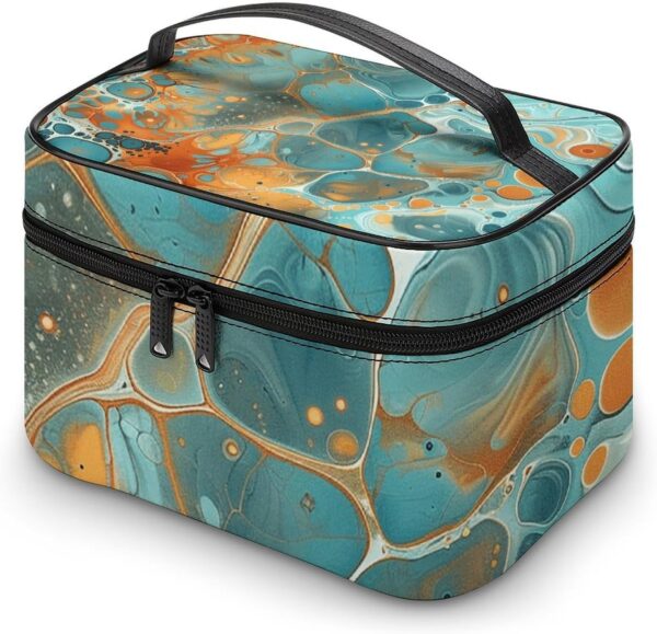 Orange And Turquoise Makeup Bag, Cosmetic Organizer Case Large Portable Capacity Make Up Bags Women Travel Toiletry Bags with Handle And Divider