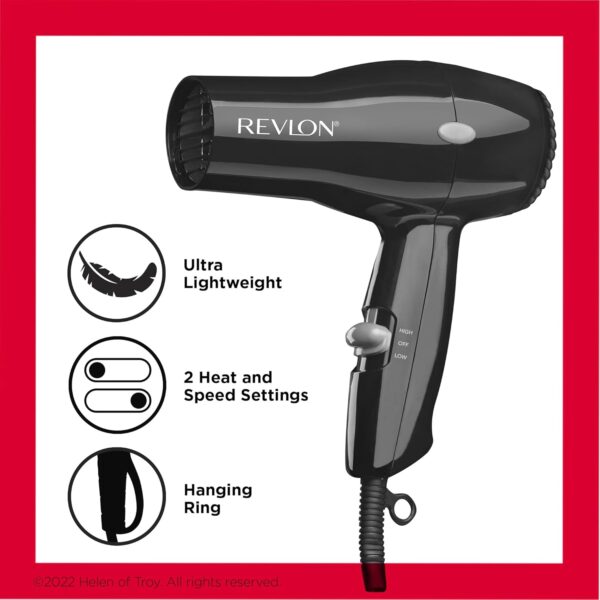 REVLON Travel Hair Dryer | Salon-Style Blowouts, Lightweight Design, 1875 Watts for Fast Drying with 2 Heat & Speed Settings for Drying and Styling Flexibility (Black)