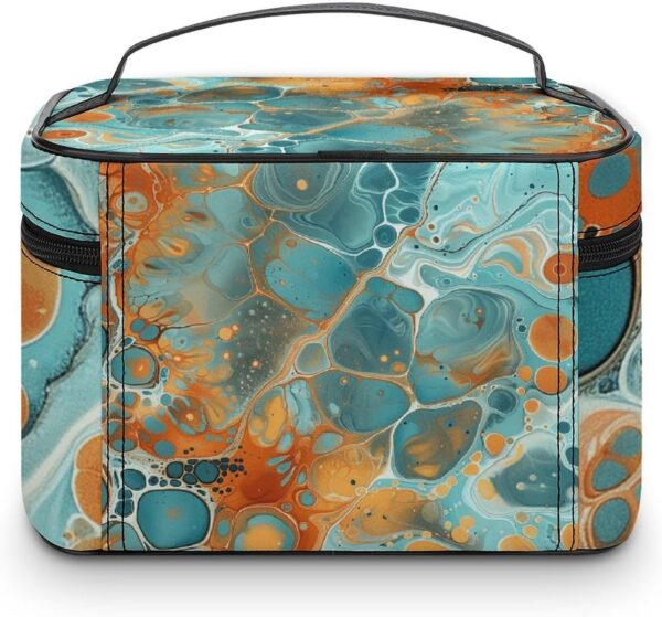 Orange And Turquoise Makeup Bag, Cosmetic Organizer Case Large Portable Capacity Make Up Bags Women Travel Toiletry Bags with Handle And Divider