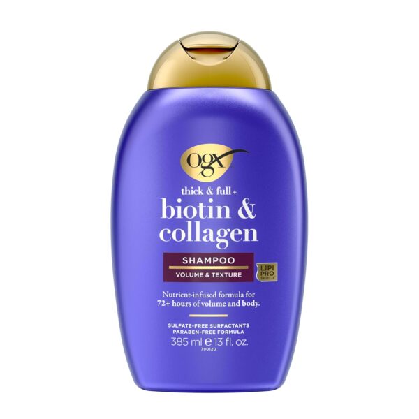 OGX Thick & Full + Biotin & Collagen Volumizing Shampoo, Nutrient-Infused Hair Shampoo with Vitamin B7 Biotin Gives Hair Volume & Body for 72+ Hours, Sulfate-Free Surfactants, 13 fl. oz