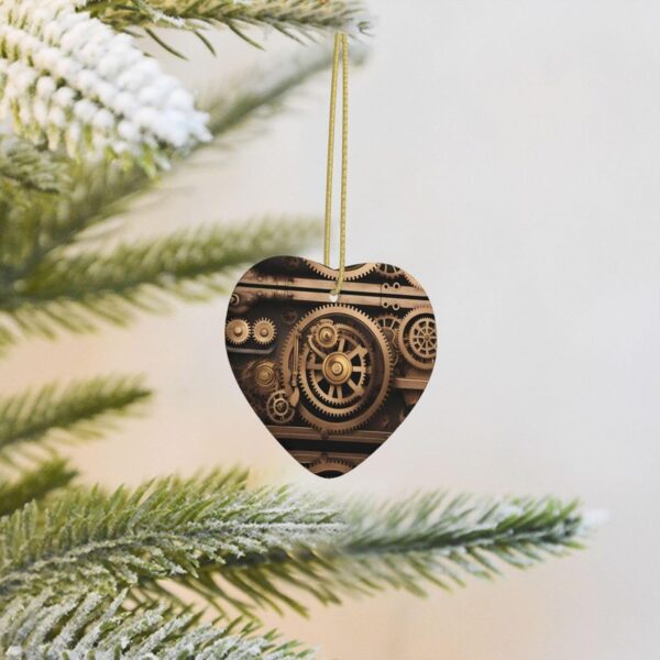 Christmas Ceramic Heart Pendant Decoration for Tree Hanging in Festive Season Gold Mechanical Gear Prints