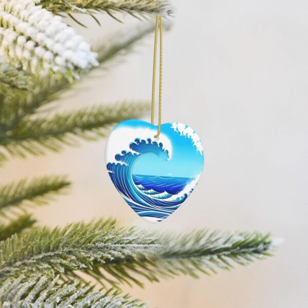 Christmas Ceramic Heart Pendant Decoration for Tree Hanging in Festive Season Cartoon Blue sea Wave Prints