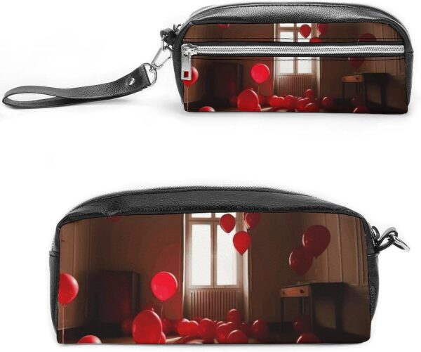 Red Balloons in The Room Pencil Case Large Capacity Leather Pencil Pouch with Zipper, Portable Small Makeup Bag, Office Supplies Organizer for Women Men