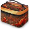 Red Poppy Flower Field in Sunset Makeup Bag, Cosmetic Organizer Case Large Portable Capacity Make Up Bags Women Travel Toiletry Bags with Handle And Divider