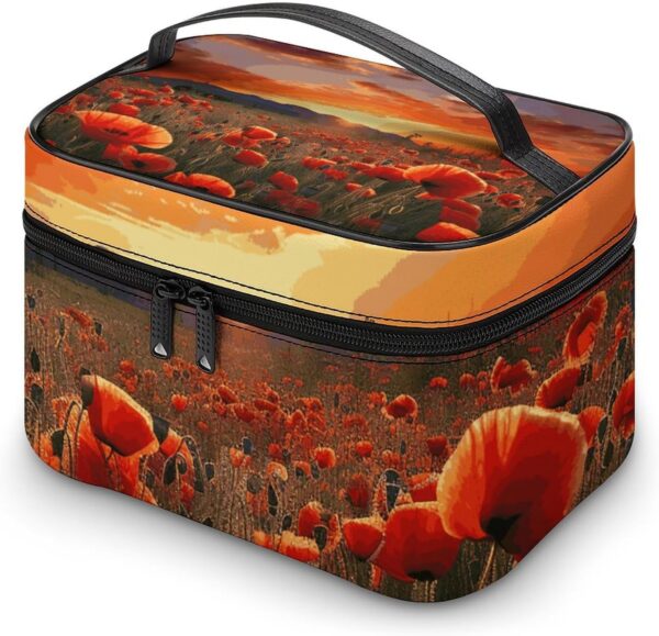 Red Poppy Flower Field in Sunset Makeup Bag, Cosmetic Organizer Case Large Portable Capacity Make Up Bags Women Travel Toiletry Bags with Handle And Divider