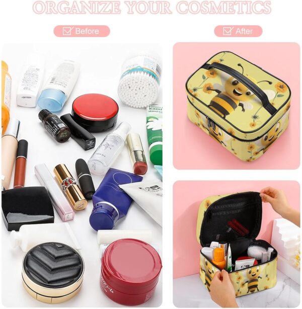 Happy Bee Makeup Bag, Cosmetic Organizer Case Large Portable Capacity Make Up Bags Women Travel Toiletry Bags with Handle And Divider