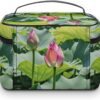 Beautiful Lotus Flowers Makeup Bag, Cosmetic Organizer Case Large Portable Capacity Make Up Bags Women Travel Toiletry Bags with Handle And Divider