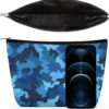 Blue Camo Makeup Bag for Women Portable Travel Toiletry Pouch, PU Leather Cosmetic Bag with Zipper