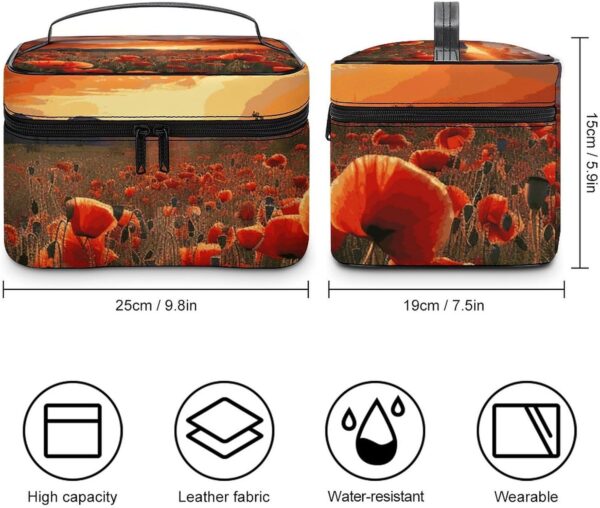 Red Poppy Flower Field in Sunset Makeup Bag, Cosmetic Organizer Case Large Portable Capacity Make Up Bags Women Travel Toiletry Bags with Handle And Divider