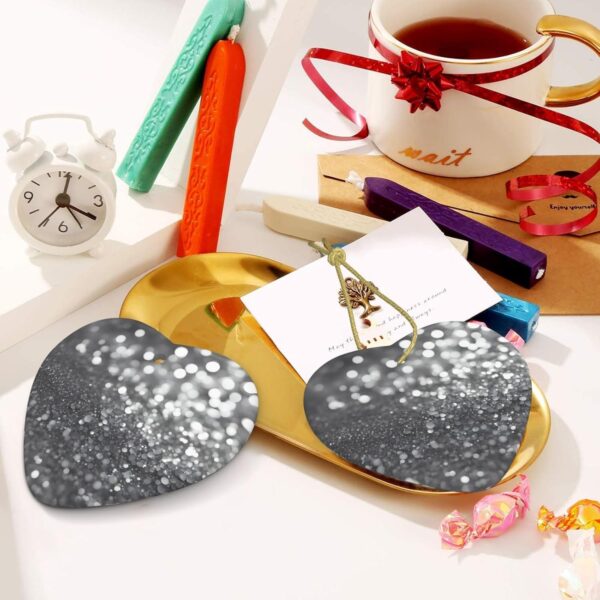 Christmas Ceramic Heart Pendant Decoration for Tree Hanging in Festive Season Shiny Silver Glitter Prints