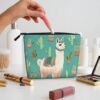 Linen Makeup Bag For Women, Waterproof Travel Cosmetic Organizer Lightweight Zipper Travel Toiletry Bag Organizer Alpaca Cactus Makeup Brushes Storage Bag