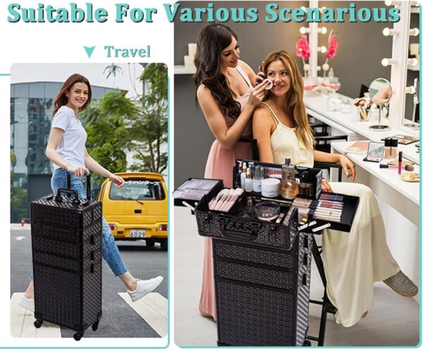 AROUS 5 in 1 Professional Makeup Train Case Aluminum Cosmetic Case Rolling Makeup Case Extra Large Trolley Makeup Travel Organizer, with 360° Swivel Wheels,Black