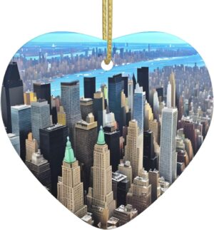 Christmas Ceramic Heart Pendant Decoration for Tree Hanging in Festive Season New York City Scenery Prints