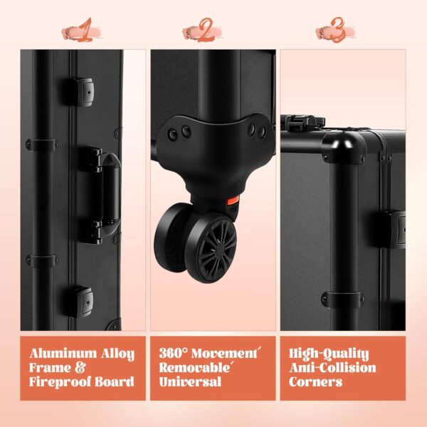 Aluminum Trolley Makeup Train Case with Led Light Rolling Makeup Case with Legs Suitcase Vanity with Lights with Stand Mirror Makeup Vanity Station