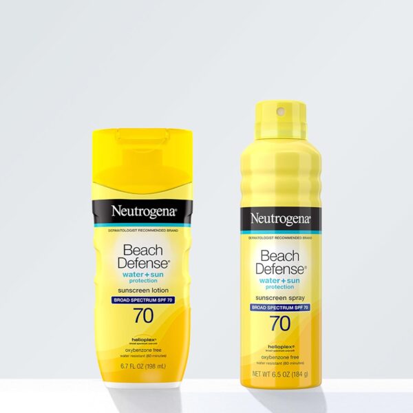 Neutrogena Sunscreen Lotion Beach Defense SPF 70, 6.7 fl oz, Face and Body Sunscreen, Oil Free, Fast Absorbing, Oxybenzone Free Sun Care