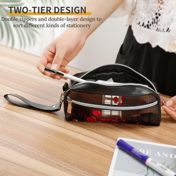 Red Balloons in The Room Pencil Case Large Capacity Leather Pencil Pouch with Zipper, Portable Small Makeup Bag, Office Supplies Organizer for Women Men