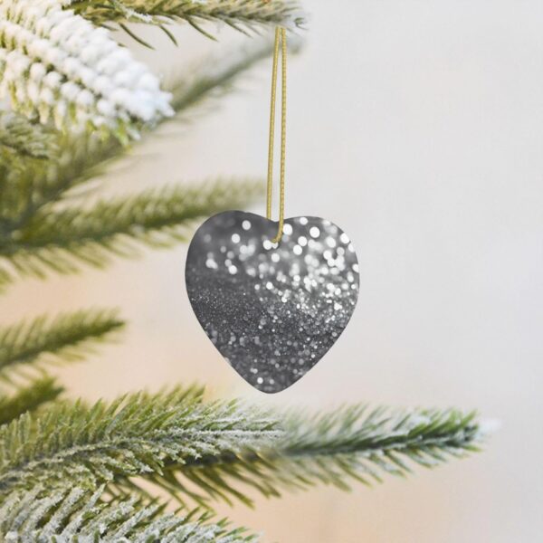Christmas Ceramic Heart Pendant Decoration for Tree Hanging in Festive Season Shiny Silver Glitter Prints