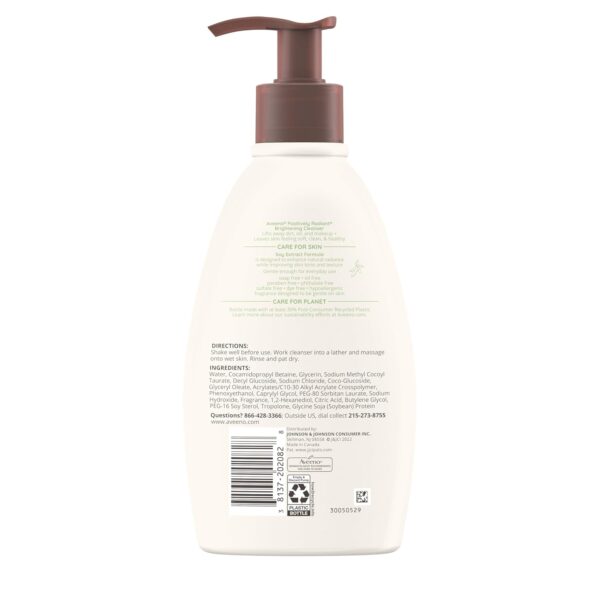 Aveeno Positively Radiant Brightening Facial Cleanser for Sensitive Skin, Targets Dull Skin, Moisture Rich Soy Extract, Non-Comedogenic, Oil- & Soap-Free, Hypoallergenic, 11 Fl. Oz