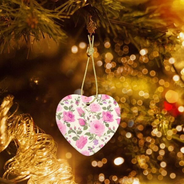 Christmas Ceramic Heart Pendant Decoration for Tree Hanging in Festive Season Pink Roses Prints