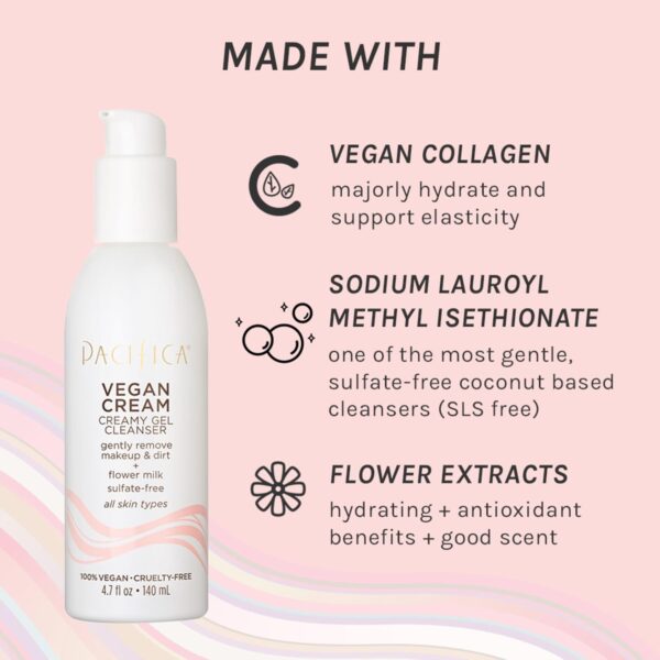 Pacifica Vegan Collagen Cream Gel Facial Cleanser - Daily Foaming Face Wash & Makeup Remover, Hydrating Anti-Aging Face Wash for Dry & Sensitive Skin, 4.7oz
