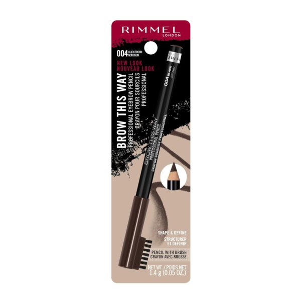 Rimmel London Brow This Way Professional Eyebrow Pencil, Long-Wearing, Highly-Pigmented, Built-In Brush, 004, Black Brown, 0.05oz