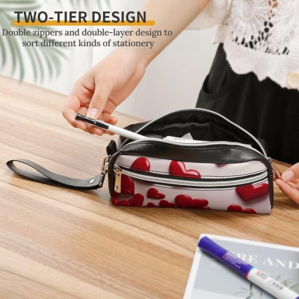 Red Hearts Pencil Case Large Capacity Leather Pencil Pouch with Zipper, Portable Small Makeup Bag, Office Supplies Organizer for Women Men