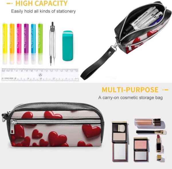 Red Hearts Pencil Case Large Capacity Leather Pencil Pouch with Zipper, Portable Small Makeup Bag, Office Supplies Organizer for Women Men