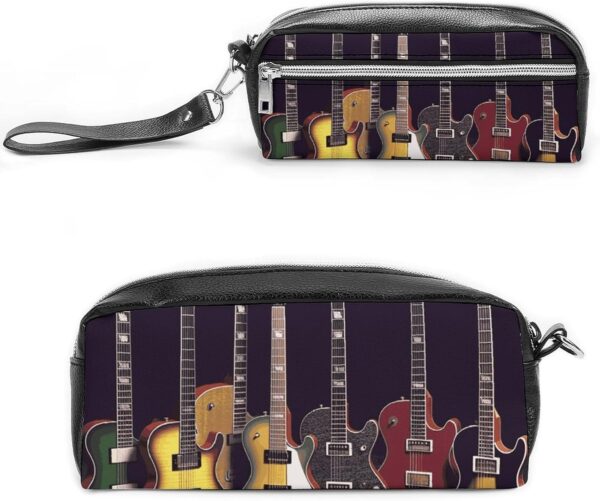 Guitar Collection Pencil Case Large Capacity Leather Pencil Pouch with Zipper, Portable Small Makeup Bag, Office Supplies Organizer for Women Men