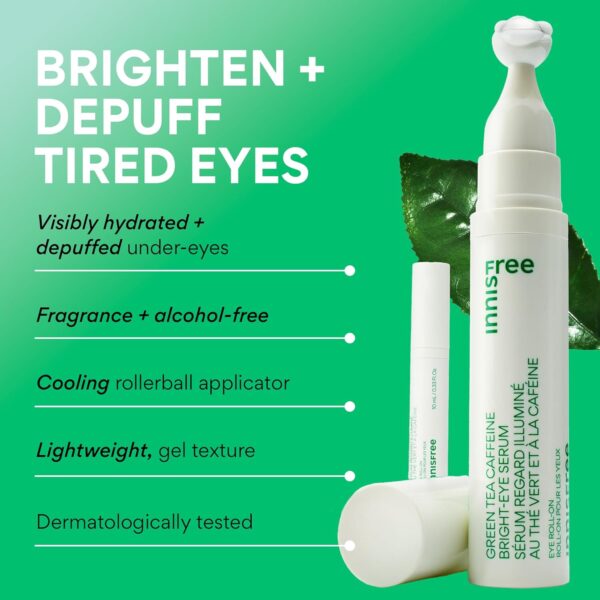 innisfree Green Tea Caffeine Bright-Eye Serum with Niacinamide, Cooling Korean Eye Roll On Serum, Hydrating Eye Cream