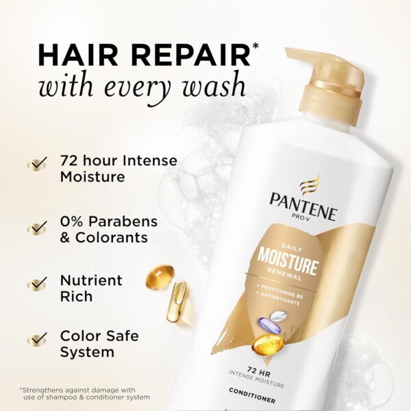 Pantene Conditioner, Daily Moisture Renewal - Pro-V Nutrients for Dry, Color-Treated, Straight to Curly Hair, 72-Hour Hydration & Softness, 25.1 Oz Each, 2-Pack + Miracle Rescue Shot (0.5 Oz)