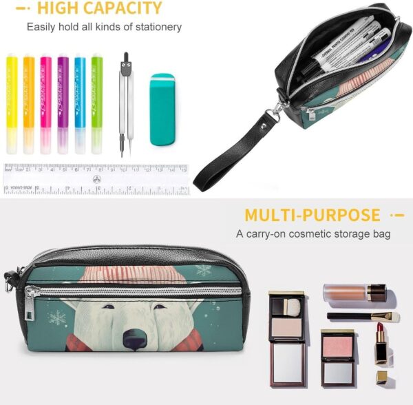 Bear Wearing Hat Pencil Case Large Capacity Leather Pencil Pouch with Zipper, Portable Small Makeup Bag, Office Supplies Organizer for Women Men