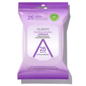 Almay Face Makeup Remover Wipes, Longwear & Waterproof, Hypoallergenic, Fragrance Free, Dermatologist & Ophthalmologist Tested, 25 Count (Pack of 1)