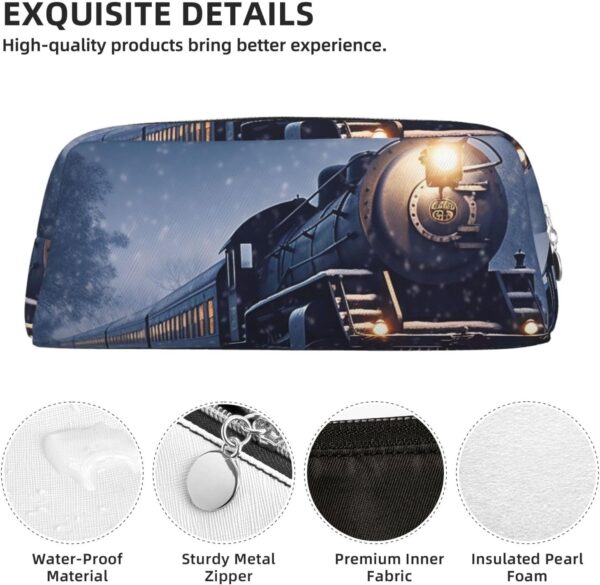 Winter Christmas Snow Night Railway Train Pencil Pouch Large Capacity Pencil Case Leather Cosmetic Bag Office Desk Organizer Coin Pouch Portable Zipper Toiletry Bag for Travel Outdoor