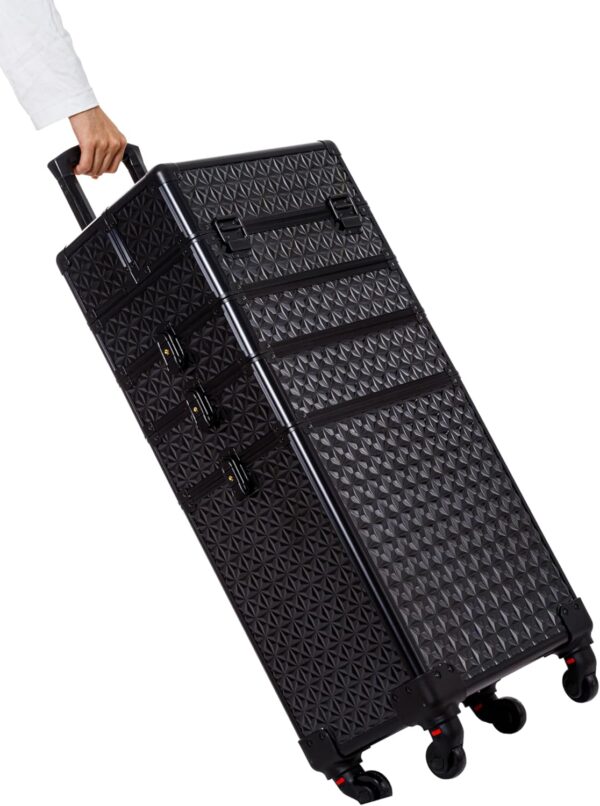 AROUS 5 in 1 Professional Makeup Train Case Aluminum Cosmetic Case Rolling Makeup Case Extra Large Trolley Makeup Travel Organizer, with 360° Swivel Wheels,Black