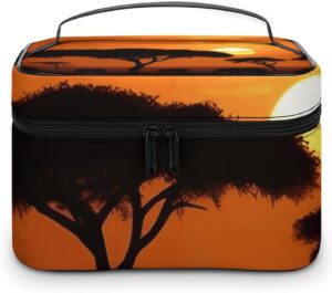 Sunset African Savanna Makeup Bag, Cosmetic Organizer Case Large Portable Capacity Make Up Bags Women Travel Toiletry Bags with Handle And Divider