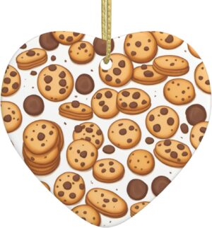 Christmas Ceramic Heart Pendant Decoration for Tree Hanging in Festive Season Cookies Food Chocolate Chip Biscuits Prints