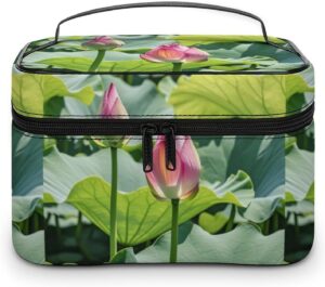 Beautiful Lotus Flowers Makeup Bag, Cosmetic Organizer Case Large Portable Capacity Make Up Bags Women Travel Toiletry Bags with Handle And Divider