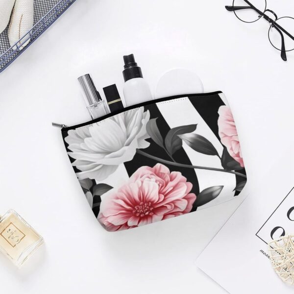 Black White Striped Flowers Makeup Bag for Women Portable Travel Toiletry Pouch, PU Leather Cosmetic Bag with Zipper