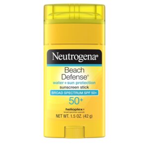 Neutrogena Beach Defense Sunscreen Stick SPF 50, 1.5 oz, Hands-Free Application, Oxybenzone Free Sunscreen for Face & Body, Water-Resistant Sun Protection, Travel Size