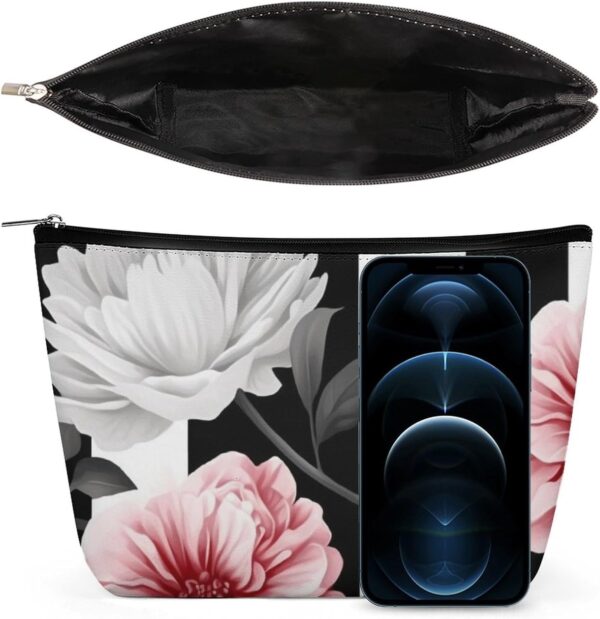 Black White Striped Flowers Makeup Bag for Women Portable Travel Toiletry Pouch, PU Leather Cosmetic Bag with Zipper