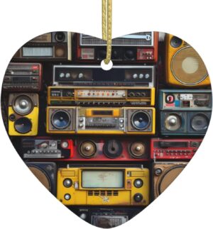 Christmas Ceramic Heart Pendant Decoration for Tree Hanging in Festive Season Vintage Wall of Radio Boombox Prints