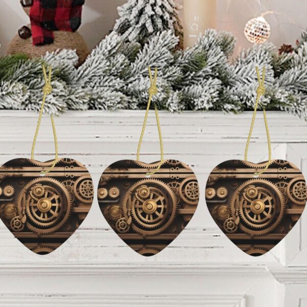 Christmas Ceramic Heart Pendant Decoration for Tree Hanging in Festive Season Gold Mechanical Gear Prints
