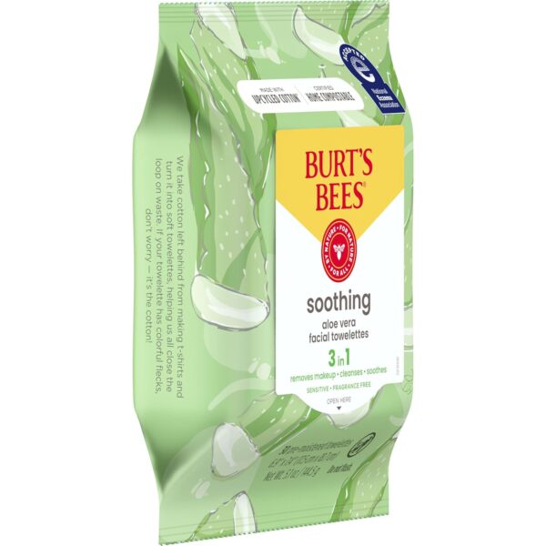 Burt's Bees, Aloe Vera Face Wipes, for Sensitive Skin, Soothing Makeup Remover & Facial Cleansing Towelettes, 30 Count (1 Pack)