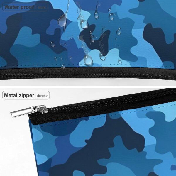 Blue Camo Makeup Bag for Women Portable Travel Toiletry Pouch, PU Leather Cosmetic Bag with Zipper