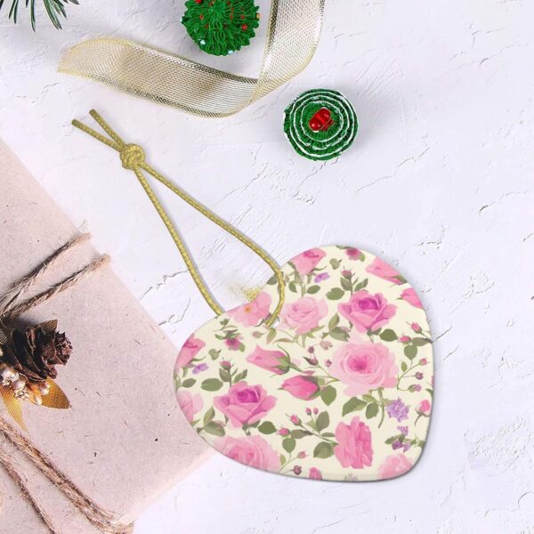 Christmas Ceramic Heart Pendant Decoration for Tree Hanging in Festive Season Pink Roses Prints