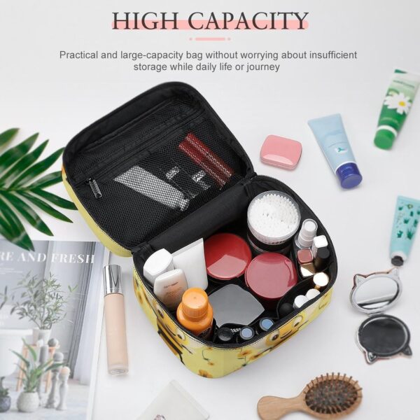 Happy Bee Makeup Bag, Cosmetic Organizer Case Large Portable Capacity Make Up Bags Women Travel Toiletry Bags with Handle And Divider