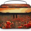 Red Poppy Flower Field in Sunset Makeup Bag, Cosmetic Organizer Case Large Portable Capacity Make Up Bags Women Travel Toiletry Bags with Handle And Divider