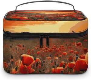 Red Poppy Flower Field in Sunset Makeup Bag, Cosmetic Organizer Case Large Portable Capacity Make Up Bags Women Travel Toiletry Bags with Handle And Divider